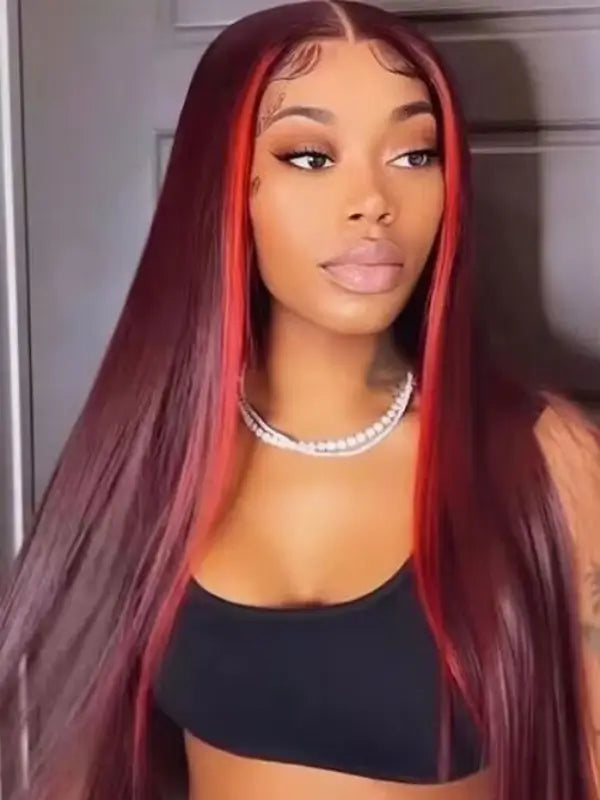 Skunk Stripe Burgundy 99J 13x4 Lace Frontal Straight Virgin Human Hair Wig